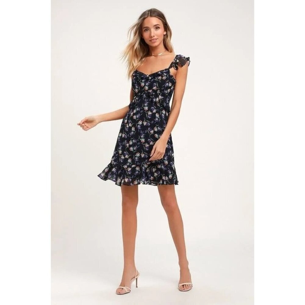 Lulus Viola Floral Ruffle Midi Dress Navy Polyester Lined‎ Womens Size S